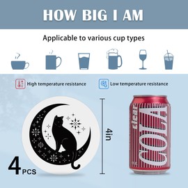 Coasters for Drinks,Set of 4 Absorbent Coasters,Black Cat on Moon Ceramic Coasters with Cork Base,Cup Coaster for Coffee Table Protection,Gifts for Housewarming Birthday - Home and Dining Room Decor