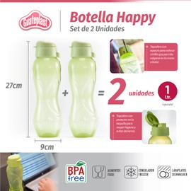 Guateplast - Set de 2 Botellas para Agua de 1 Litro | Botella Deportiva | Botella Reutilizable | Moderno y Transparente | Botella Plástica para Bebidas | Color Verde