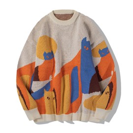 Aelfric Eden Graphic Sweaters Color Blocking Cat Sweater Vintage Oversized Crewneck Knit Pullover Christmas Tops Apricot
