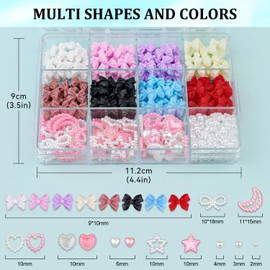 600 Pcs 3D Nail Charms and Flatback Pearls Set 5, 8 Colors Nail Bows Charm + Pink&White Star Heart Moon Cute Nail Jewels + 2-4mm White Nail Pearls for Nail Art DIY Decoration with Pickup Tools