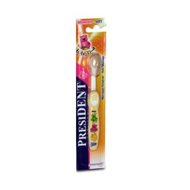 President baby brush for children 0-4 years yellow or pink, soft bristles with rounded tips, compact small brush head for proper cleaning and gentle gum massage.