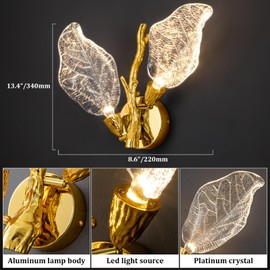 Gold Wall Sconces Leaf Sconces Wall Lighting LED Wall Lights for Living Room Vanity Lighting Fixtures for Bathroom Hallway, Living Room, Stairs, 1Pack