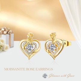 LAVUMO Earrings Silver 925, Heart Rose Moissanite Stud Earrings VVS1 D Colour Brilliant Hypoallergenic Jewellery Gift for Her Women Girlfriend Mother Anniversary Christmas Valentine's Day Birthday,