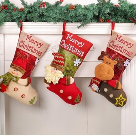 3PCS Christmas Stockings 18.5" Large Christmas Stocking 3D Cute Santa Claus Snowman Reindeer Xmas Stockings for Christmas Decorations for Tree Bed Stairs Fireplace for Family Holiday Party Decor