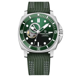 Pagani Design Men's Automatic Watch Tourbillon Skeleton Fashion Analogue Wristwatches NH39 Movement 200 m Waterproof Nylon Strap Luminous, Green leather, Strap.