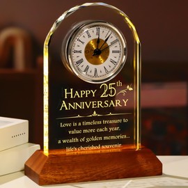 YWHL 25th Wedding Anniversary Clock Gifts for Couple, 25 Years Anniversary Keepsake Gift for Wife Husband, Table Clock Glass Presents with Wooden Light Base for Home Decoration (Battery not Included)
