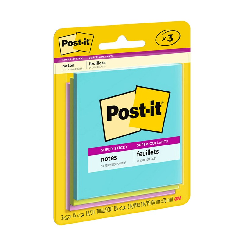 Post-it Super Sticky Notes, 3 Sticky Note Pads, 3 x