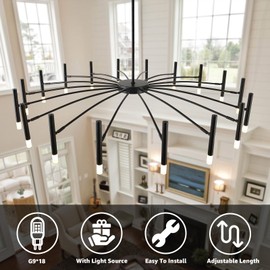 NILSE LED 18-Light Black Modern Sputnik Chandelier with G9 Bulbs, 53 Inch Large Cast Iron Light Fixture Dimmable Lighting for Dining Room Foyer Farmhouse Bedroom Living Room