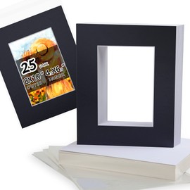 Acid Free 8x10 Pre-Cut Picture Mat Board Kit for 5x7 Photo, Includes 25 Black Core Bevel Cut Mattes, 25 Backing Boards, 25 Crystal Clear Bags