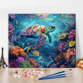 ‌Adults Paint by Numbers Happy Sea Turtle in Vibrant Coral Reef Art Kit with Tropical Fish Ocean Life DIY Canvas Painting for Home Decor Stress Relief 16x20 Inch‌