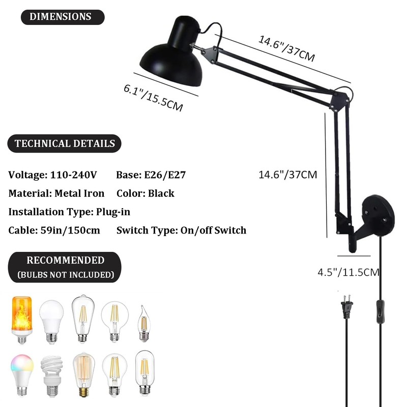 BRRSKBK Black Industrial Swing Arm Wall Light Nordic Adjustable Long