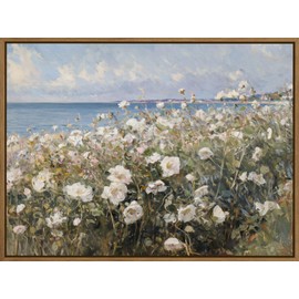 Framed Landscape Wall Art Blue Ocean Theme White Flower Pictures Wall Decor Abstract Floral Painting Prints Modern Seascape Artwork for Living Room Bedroom Bathroom Home Office Decoration, 12''x16''