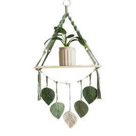 90 x 40 cm Boho Macrame Wooden Shelf Wall Hanging Macrame Garland Woven Leaf Tapestry Wall Shelf Wall Decoration for Living Room, Bedroom, Bathroom, Hallway (Green)