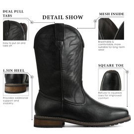 femflame Cowboy Boots For Men Square Toe Western Boots Classic Embroidered Slip Resistant Chunky Heel Pull On MidCalf Boots
