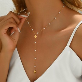 foyjoey 18K Gold Plated Lariat Drop Chain Necklace Dainty Y Shaped Pearl Beaded Cross Necklace for Women Stainless Steel Simple Religious Christian Bridal Jewelry