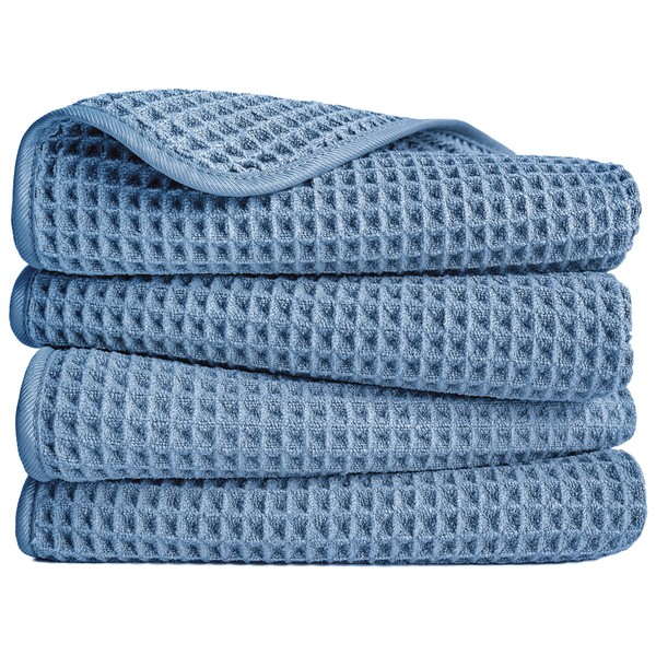 POLYTE Microfibre Lint Free Hand Towel, 40 x 76 cm, 4 Pack (Blue, Waffle Weave)