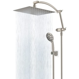 Hibbent 10-Inch Square Rainfall Shower Head with Handheld Showerhead Combo, 7 Spray Settings, 71-Inch Metal Stainless Steel Shower Hose, 16-Inch Shower Head Extension Arm, Brushed Nickel Finish