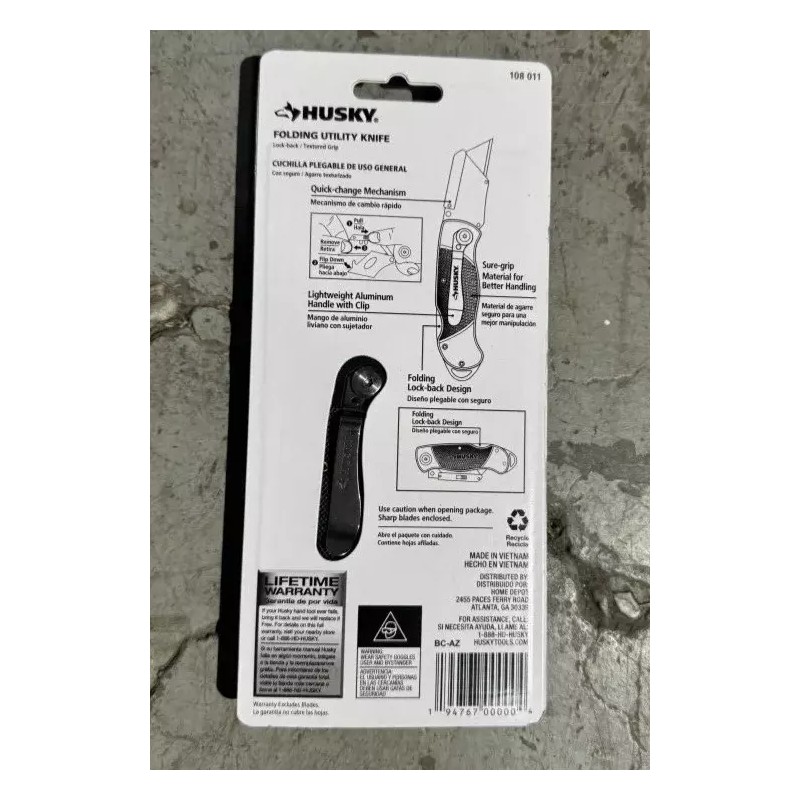 Husky Black Folding Utility Knife Lock-Back Textured Grip 10 Blades