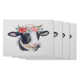 Moslion Cow Placemats Floral Rustic Farm Animals Country Wild Flowers Watercolor Hibiscus Daisy Table Placemats for Dinning Table Washable Cotton Linen 12x18 Inch, Set of 4