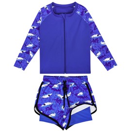 FLYISH DIRECT Boys Swimming Costume, UPF 50+ Long Sleeve Zip Up Swimwear Set for Kids, 2 Piece Quick Dry Kids Rash Vest with Boys Swimming Short, Shark, L