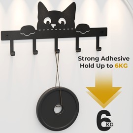 OriwarE Key Holder, Key Rack with 5 Hooks, Key Holder, Black, Suitable for Entrance Area and Living Room (Cat Design)