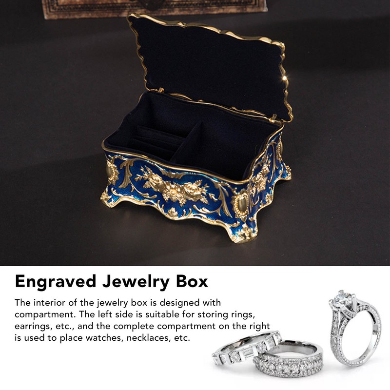 Royalblue Rhinestone Jewelry Box Ring Retro Flower Engraved Earrings Necklace