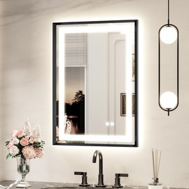 Keonjinn 20 x 28 Inch Small LED Mirror with Frontlit & Backlit, Black Lighted Bathroom Mirror, Tempered Glass, UL Listed Power Driver, Metal Framed Beveled Edge, 3 Color Lights, Anti-Fog, Dimmable