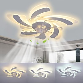 KXCUYDAV Low profile ceiling fan with light, 26in Flush Mount Ceiling Fan with Light, 3000K-6500K Dimmable Fandelier LED Fan Light, Bedroom ceiling fan with lights