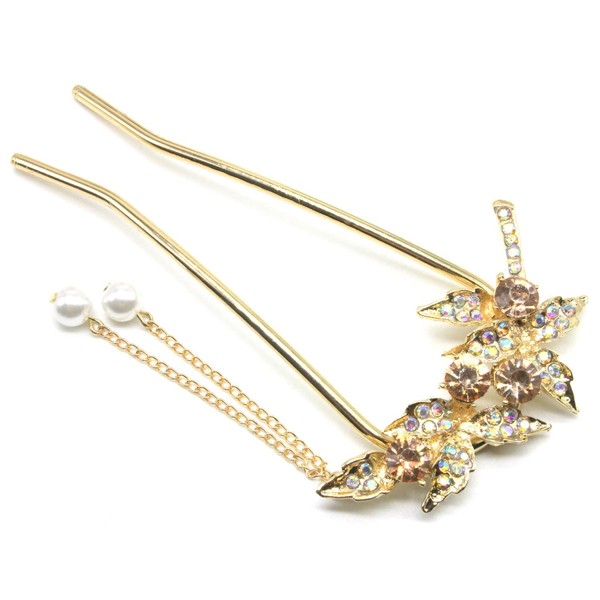 Miaomyao Hairpins, Bee Shape, Two Legs, Kimono, Tomesode, Hair Ornament, Metal, Antique, Maple Leaf, Flower, Pearl, Zirconia, U-Shaped Comb, Pink Gold, Hair Accessories
