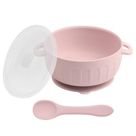 Little On Essentials Baby Silicone Feeding Set - Suction Bowl with Lid and Spoon, BPA Free, Microwave, Dishwasher and Freezer Safe, Rose Pink, 3pcs (Dusty Pink)