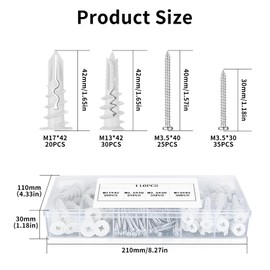 110 Pcs Self Drilling Plasterboard Fixings Heavy Duty, Raw Plugs and Screws for Plasterboard Wall Plugs and Screws, Nylon Drywall Hollow Cavity Wall Fixings Anchors Screws and Drywall Anchors (White)