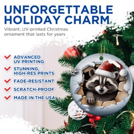 Raccoon with Santa Claus Hat Breakout Christmas Ornament - 3D Breakout Effect - 2.8" Round - Premium Glossy Ceramic with UV Printed Design - Gold String Included - Perfect Holiday Décor - BMCO0061