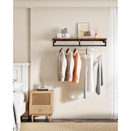 CHOEZON Wall Mounted Clothes Rack, Metal Garment Rack with Top Shelf, Laundry Storage Shelf with Hanging Rod, for Laundry Room, Bedroom, Entryway and Storage Room, Rustic Brown and Black TYM02BF