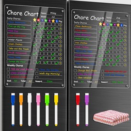 Acrylic Magnetic Chore Chart for Kids, 12"x10" Reward Responsibility Chart, Daily Chores Checklist for Adult, Weekly Dry/Wet Erase Fridge Board for Teens Family, w/ 8 Markers & Towel, 2 Pack