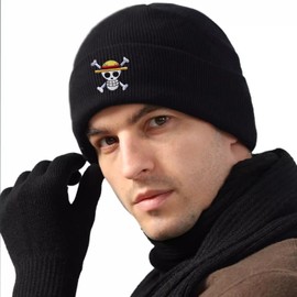 Zaky Luffy Beanie Hats Skull Skeleton Knit Hat One P. Straw Hat Costume Cosplay Necklace with Cartoon Character Zoro with Stickers 12 pcs (Blue)