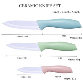 3 Pieces Ceramic knife set, 3-Inch 4 Inch 5-Inch Colorful Knife Set with Sheaths Covers, Zirconia Blade and Ergonomic handle,Use for meat fruit vegetable Bread and Butter. (pink green blue)