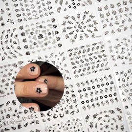 30 Sheets Black Floral Nail Stickers for Nail Art Flower Nail Decals with Rhinestone,3D Self Adhesive Stickers for Nails Design,Nail Art Supplies & Decorations for Women,DIY Manicure Decor