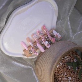 Handmade Kitty Nail Tips, Oval, Medium, Long, Rhinestone, Fake Nails, Popular, Cute, Simple, Stylish, Fashionable, 30 Pieces, Japanese Style, Bride Nails, Glossy, Fake Nails, Wedding Nail Tips