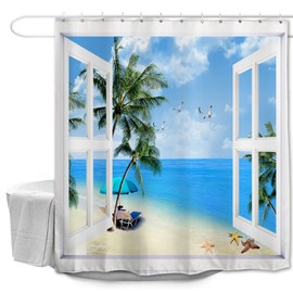 goodbath Beach Shower Curtain, 3D Ocean Seascape Sky Clounds Palm Trees Seagull Window Views Anti Mould Bath Curtains for Bathroom, 180x180cm