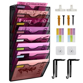 8 Pockets Mesh Wall File Holder Organizer Office Hanging File Folder Magazine Rack, Nametag Label Hooks Set Included (Black)
