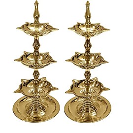 SATVIK 2 Pc Standing Brass Kerala Samai Diwali Deepak for Puja Traditional Panchmahal Pooja Deepam Diya Oil Lamp Kutthu Vilakku Dia 3 in 1 Step Adjustable 8.5 inch Deepawali Indian Gift Item (Design1)