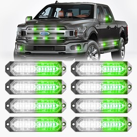 BooYu Green/White LED Surface Mount Emergency Strobe Flashing Lights for Trucks Vehicles Car, Ultra Slim Sync Feature Hazard Warning Beacon Grille Light Bar for Firefighter/Construction/Police (8 Pcs)