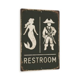 Vintage-Style "Restroom" Sign - Humorous Mermaid and Pirate Wall Decor - Rustic Distressed Design