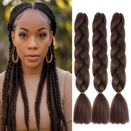 Brown Braiding Hair 24 Inch Hair Extensions for Braiding 100G/Pcs 3PCS, High Temperature Fiber Jumbo Braiding Hair Extensions (Dark Brown 4#)