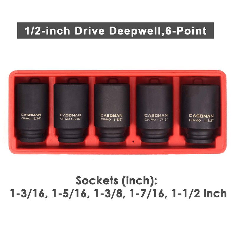 CASOMAN 1/2-Inch Drive Deep Spindle Axle Nut Impact Socket Set,