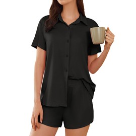 Ekouaer Womens Pajama Sets Short Sleeve Button Down Pajamas for Women Soft Lounge Sets for Women Sleepwear PJS Black
