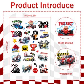Fast Race Car Temporary Tattoos - 6 Sheets Two Fast Racing Tattoo Stickers for Kids, 2nd Birthday Party Favors Supplies Decorations Sticker for Boys and Girls, Classroom School Prizes Rewards Gifts