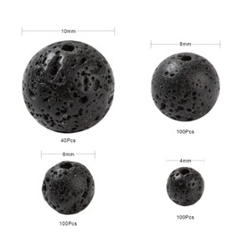 BEEFLYING 340 Pieces Natural Lava Stone Round Beads Black Rocks Gemstone Beads Loose Round Black Lava Gemstone Beads for Jewellery Making DIY Crafts