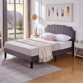 VECELO Full Size Upholstered Platform Bed Frame with Tufted Adjustable Headboard/Mattress Foundation/Wood Slat Support,Easy Assembly,Dark Grey