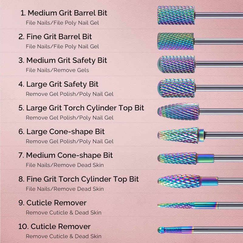 MelodySusie Nail Drill Bits Set, 10Pcs Tungsten Carbide Nail Bits